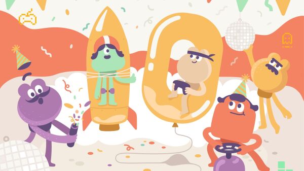 Graphical image showing mascots celebrating